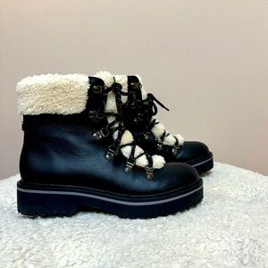 Tommy Hilfiger Twron2-T Black Laether Sherpa ankle Boots Hiking Winter Sz 6